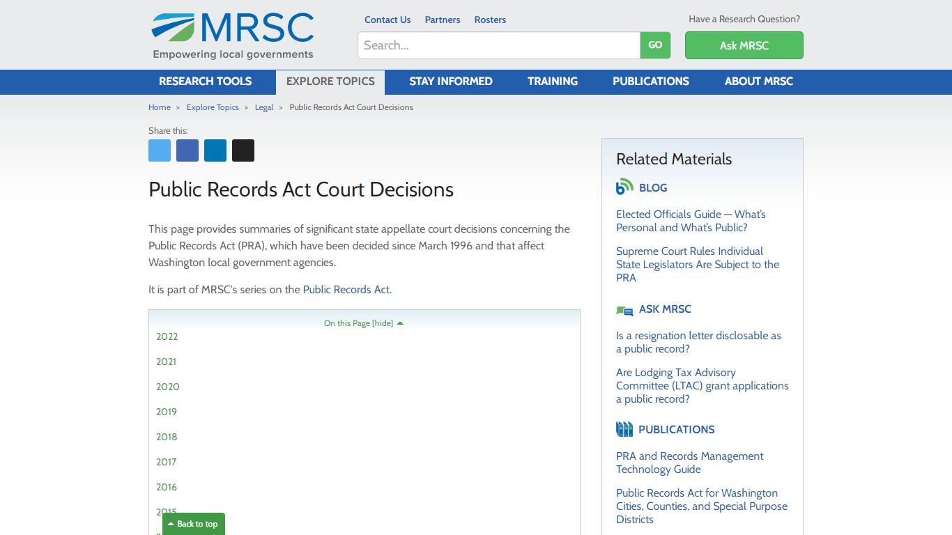MRSC - Public Records Act Court Decisions